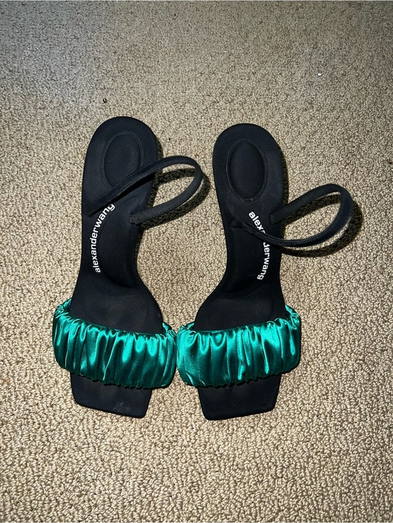 Alexander Wang Shoes - Alexander Wang Emerald Satin Ruched Strap Heels